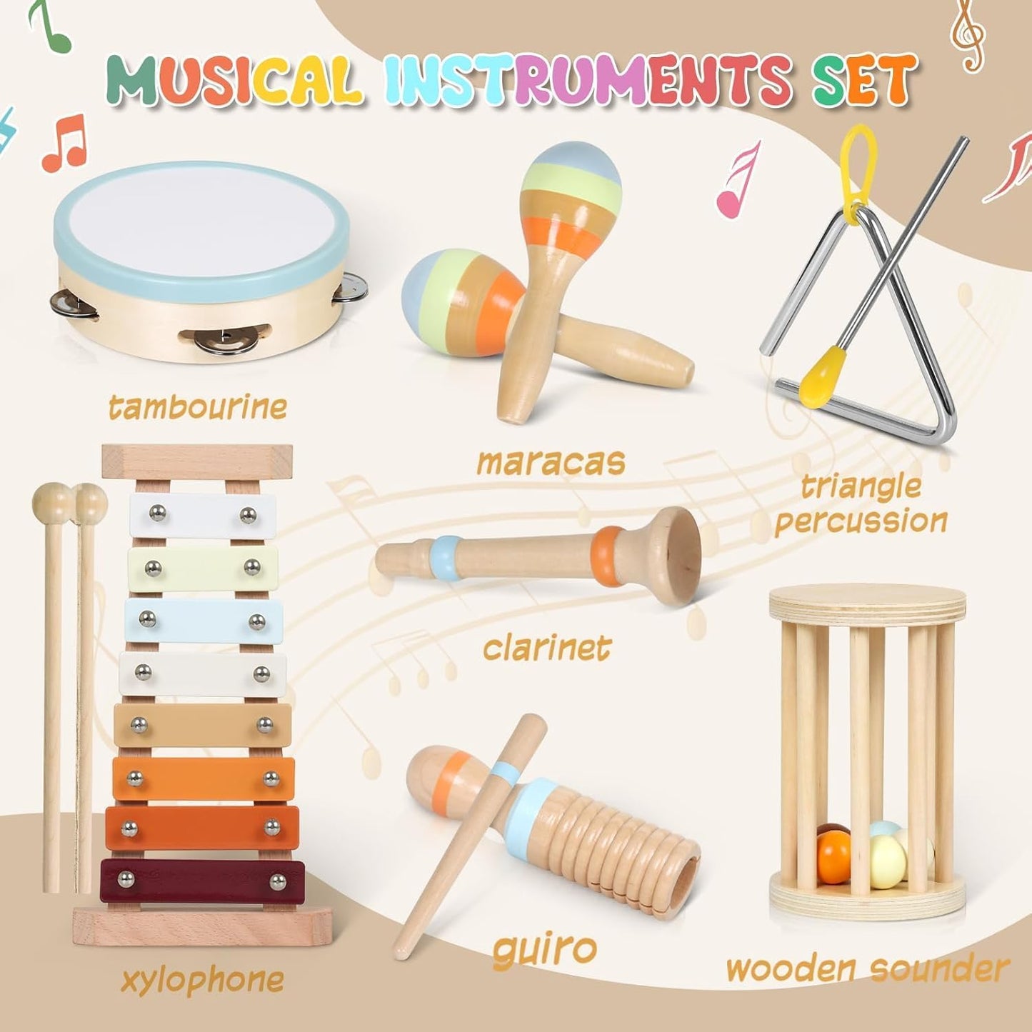 SKY-TOUCH Montessori Wooden Musical Instrument Set, Percussion Baby Xylophone Toy, Children's Birthday Gift, Baby Music Educational Toy, with Storage Bag, Suitable for Children Over 3 Years Old