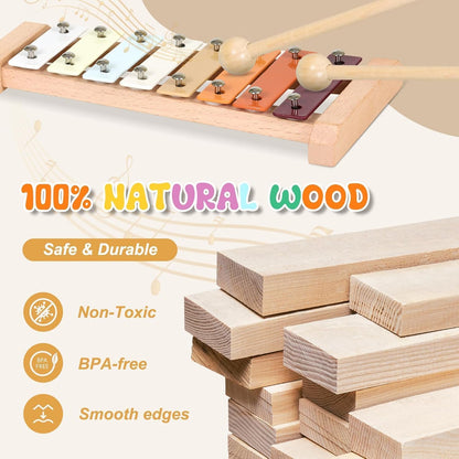 SKY-TOUCH Montessori Wooden Musical Instrument Set, Percussion Baby Xylophone Toy, Children's Birthday Gift, Baby Music Educational Toy, with Storage Bag, Suitable for Children Over 3 Years Old