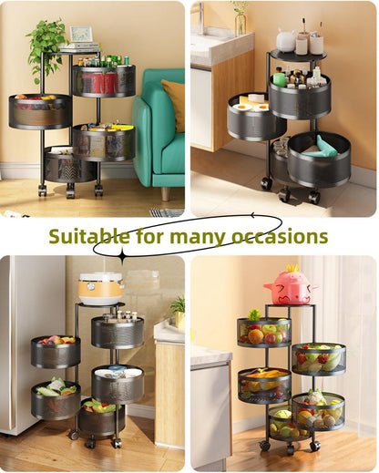 SKY-TOUCH 5 Tier Kitchen Storage Shelf, Rotatable Fruit Vegetable Basket, Circular Rotating Basket Large Storage Rack with 4 Movable Wheels