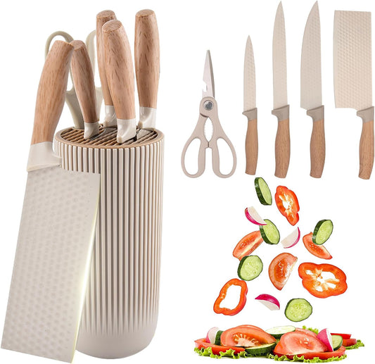 SKY-TOUCH Kitchen Knife Set,6-Piece Khaki Kitchen Knife Set with Knife Block – Non-Stick Stainless Steel Sharp Blades, Anti-Rust & Ergonomic Design for Home, Restaurant,Outdoor