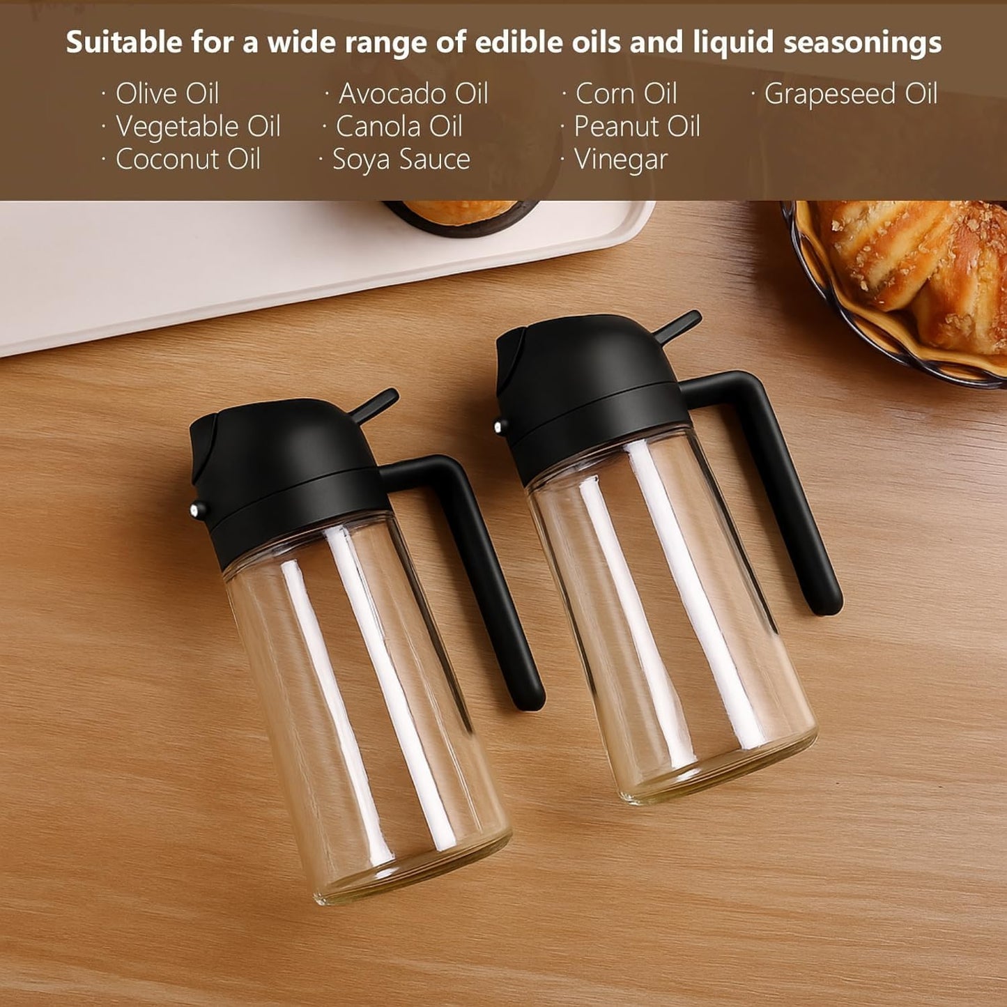 SKY-TOUCH 470ml 2 in 1 Glass Oil Sprayer & Dispenser Bottle, Olive Oil Spray Bottle for Cooking, Air Fryer, Salad, BBQ, Frying, Baking, Grilling, Food Grade, Leak-Proof, Refillable (Black)