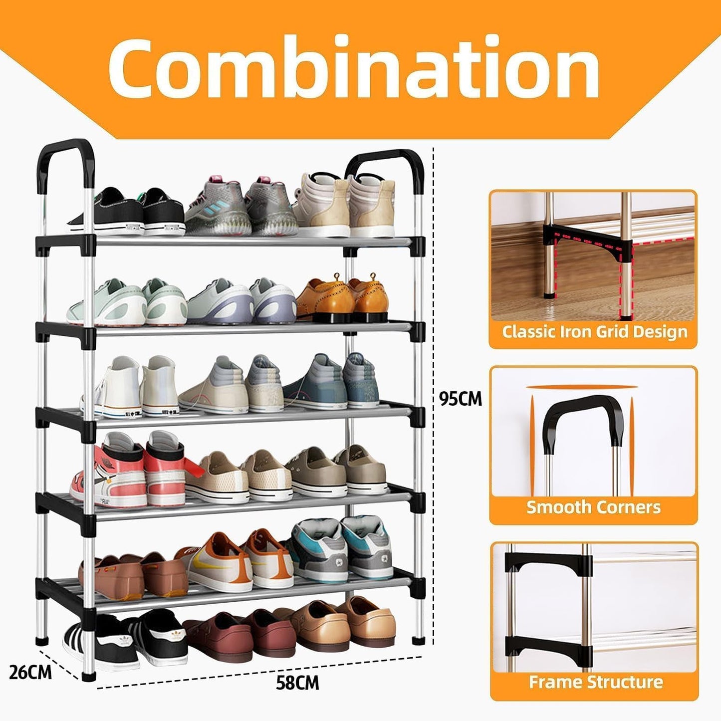SKY-TOUCH Shoe Rack,Shoes Cabinet Organizer, 5-Tier Shoe Storage with 5 Mesh Shelves,Freestanding Shoe Shelves,for Entryway and Closet,Black,58 * 26 * 95cm