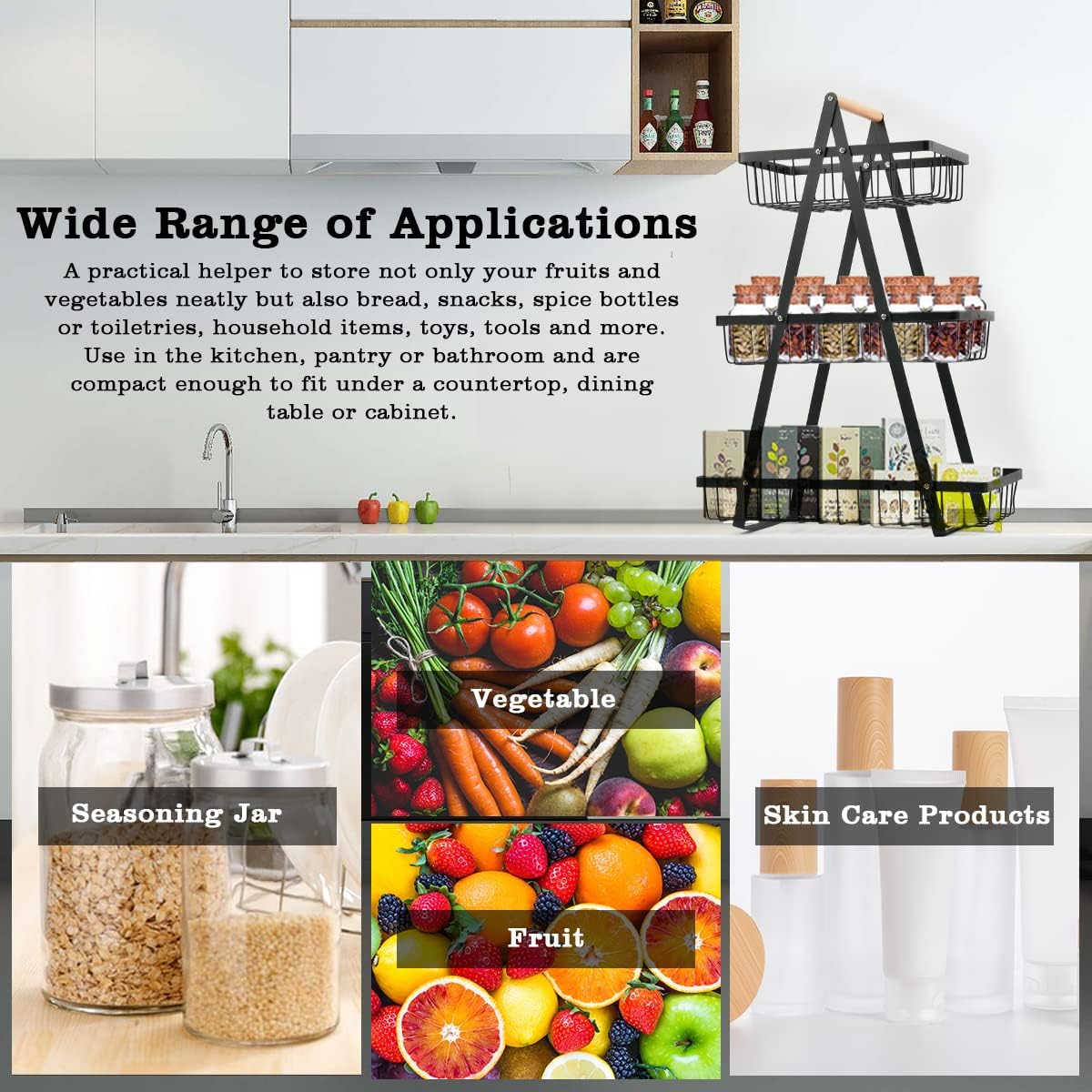 SKY-TOUCH 2-Tier Fruit Basket with Wooden Handle, Detachable Metal Fruit Bowl Holder Vegetable Storage Rack, Countertop Holder for Kitchen, Home, Office - Organize Fruits, Veggies, Snacks, Bread