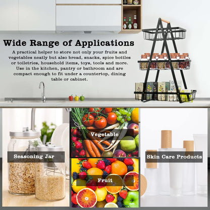 SKY-TOUCH 2-Tier Fruit Basket with Wooden Handle, Detachable Metal Fruit Bowl Holder Vegetable Storage Rack, Countertop Holder for Kitchen, Home, Office - Organize Fruits, Veggies, Snacks, Bread