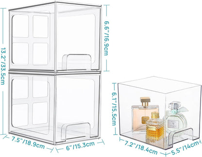 SKY-TOUCH 4 PACK Large Plastic Stackable Storage Drawers, Clear Acrylic Storage Drawers Container Boxes for Vanity, Undersink, Kitchen Cabinets, Pantry Organization and Storage, 38.5x31.3x17.3cm