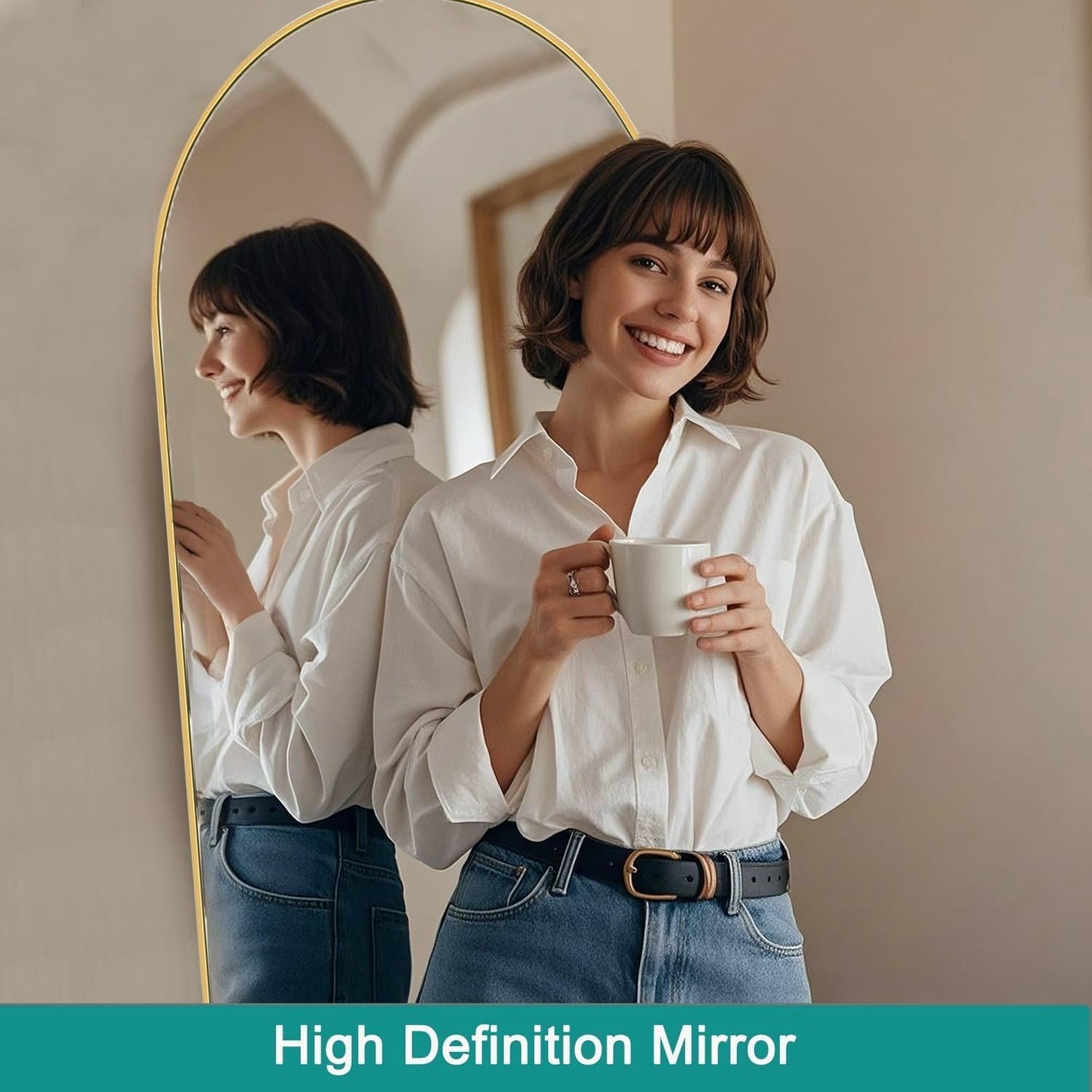SKY-TOUCH Arched Full Length Mirror 160x40cm, Floor Mirrors Free-Standing Leaning Large Bedroom Dressing Mirror, Wall-Mounted Mirror for Living Room,Bedroom, Gold