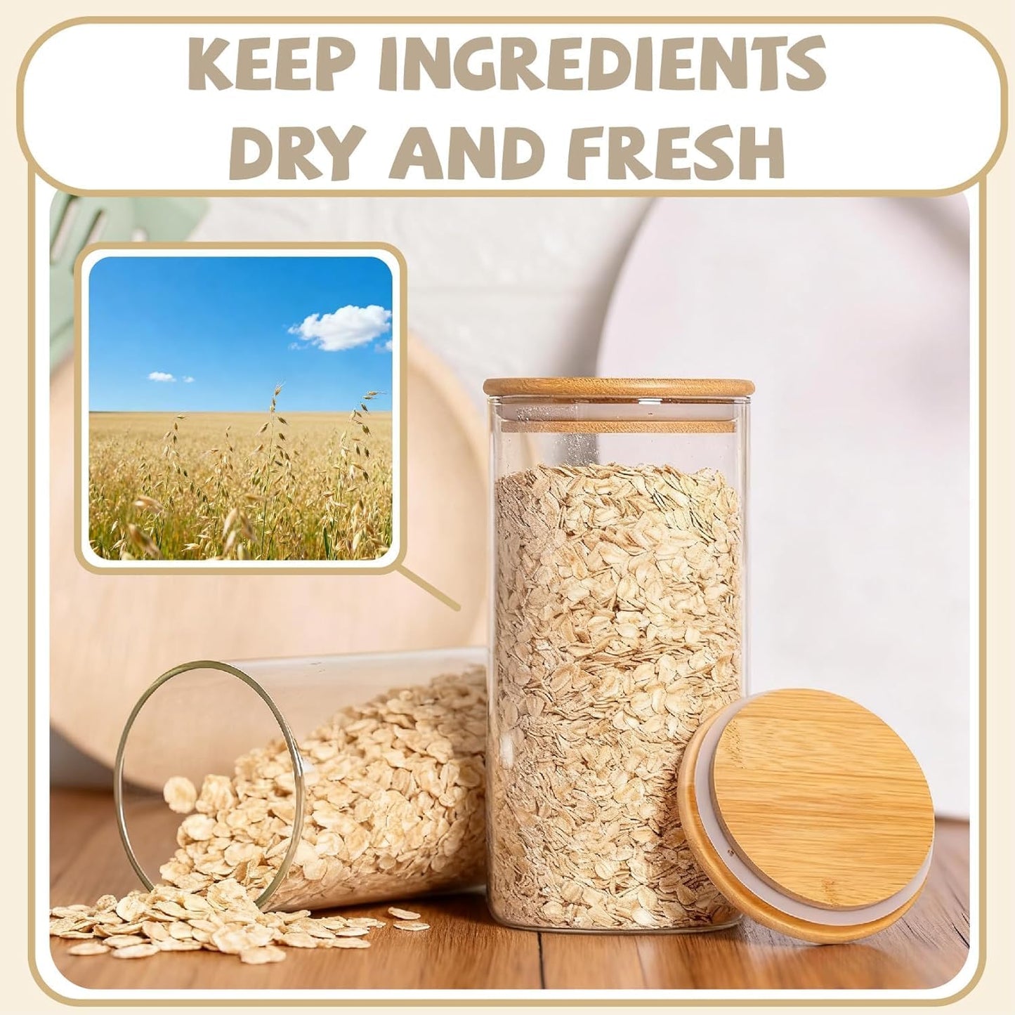 SKY-TOUCH 3PCS Glass Food Storage Jars, Kitchen Storage Glass Canister Set with Airtight Bamboo Lids, Suitable for Flour, Grains, Sugar, Tea, Coffee Beans, and Snacks, 2100ML