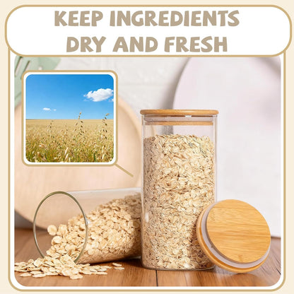 SKY-TOUCH 3PCS Glass Food Storage Jars, Kitchen Storage Glass Canister Set with Airtight Bamboo Lids, Suitable for Flour, Grains, Sugar, Tea, Coffee Beans, and Snacks, 2100ML