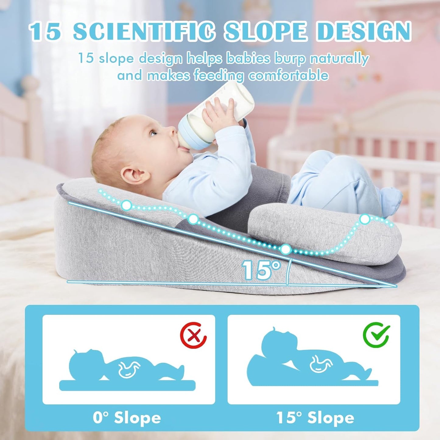 SKY-TOUCH Newborn Feeding Pillow Wedge - 15° Anti-Spit Up & Nursing Support Pillow, Baby Breastfeeding Pillow for Reflux, Soft & Breathable Grey Infant Nursing Cushion