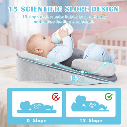SKY-TOUCH Newborn Feeding Pillow Wedge - 15° Anti-Spit Up & Nursing Support Pillow, Baby Breastfeeding Pillow for Reflux, Soft & Breathable Grey Infant Nursing Cushion