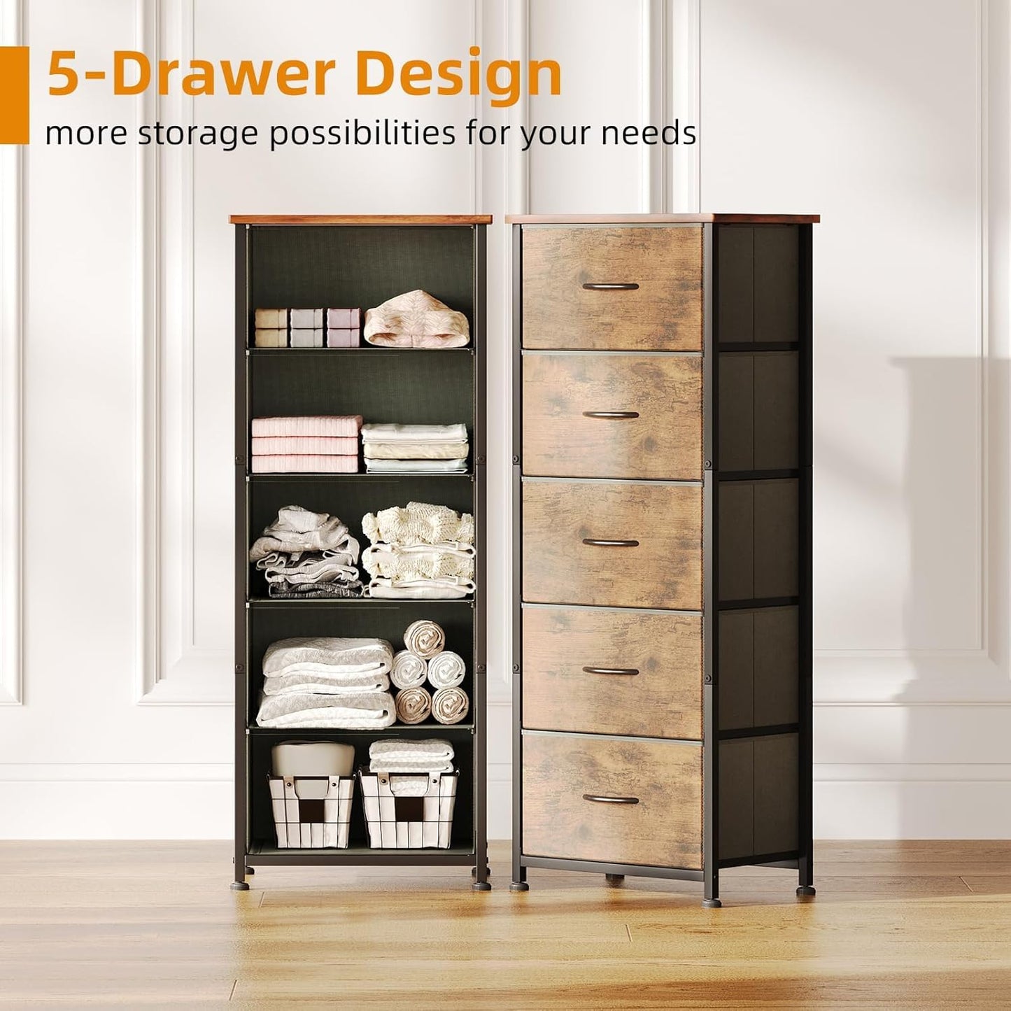 SKY-TOUCH 5 Chest of Drawers, Vertical Storage Drawers Tower Fabric Chest Dresser, Tall Organizer Dresser for Bedroom, Nursery, Closets, Sturdy Steel Frame with Wooden Top, Brown