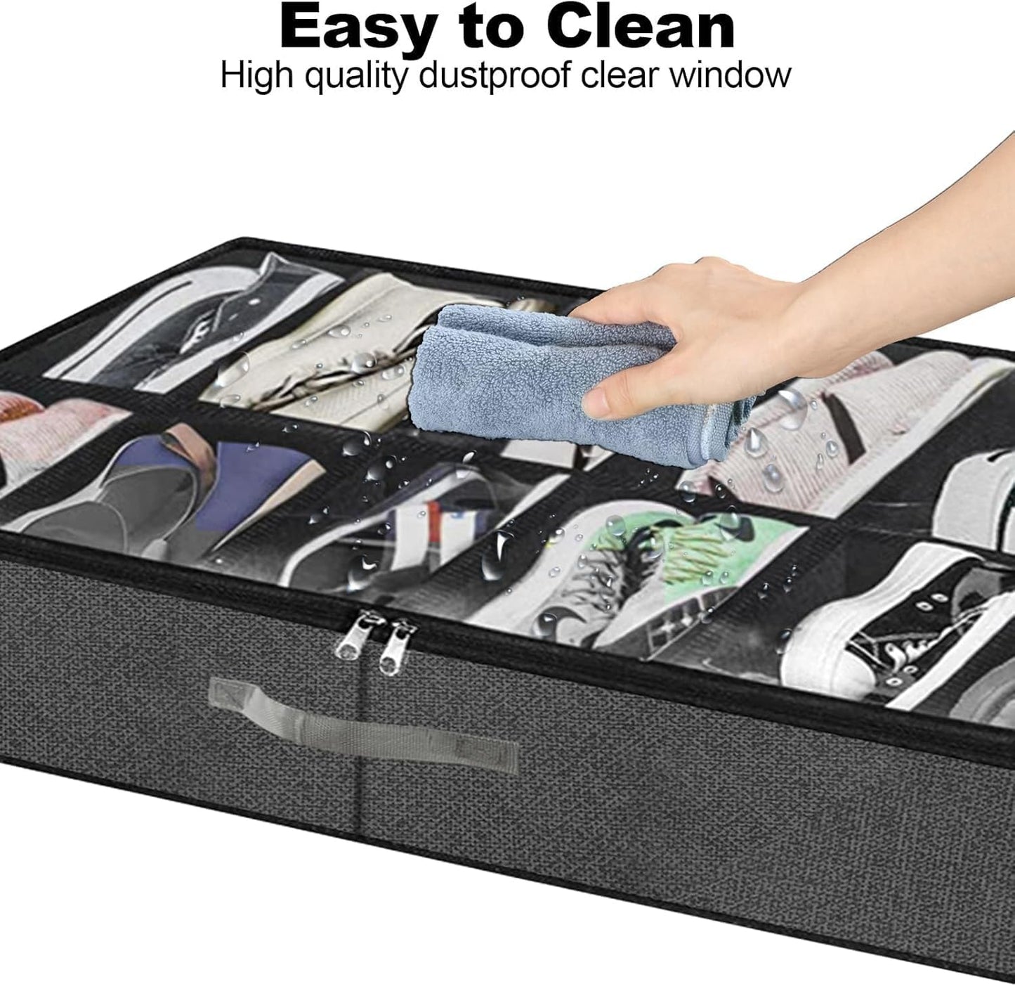 SKY-TOUCH UnderBed Shoe Storage Organiser Set of 2, Foldable UnderBed Shoe Organiser with Handles, Clear Foldable Shoes Containers Adjustable 24 Dividers with Bottom Support, 75x60x15cm