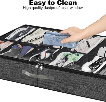 SKY-TOUCH UnderBed Shoe Storage Organiser Set of 2, Foldable UnderBed Shoe Organiser with Handles, Clear Foldable Shoes Containers Adjustable 24 Dividers with Bottom Support, 75x60x15cm
