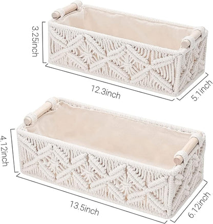 SKY-TOUCH Handwoven Macrame Storage Baskets,Woven Toilet Paper Basket with Handle for Bathroom Countertop, Storage Shelf for Bedroom, Living Room, Home (Ivory)