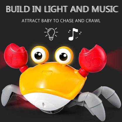 SKY-TOUCH Electric Runaway Crab، لعبة طفل السلطعون الزاحف مع الموسيقى وإضاءة LED، لعبة تطوير التعلم التفاعلية للأطفال الصغار مع تجنب العوائق تلقائيًا، للأطفال الرضع والأطفال الصغار 