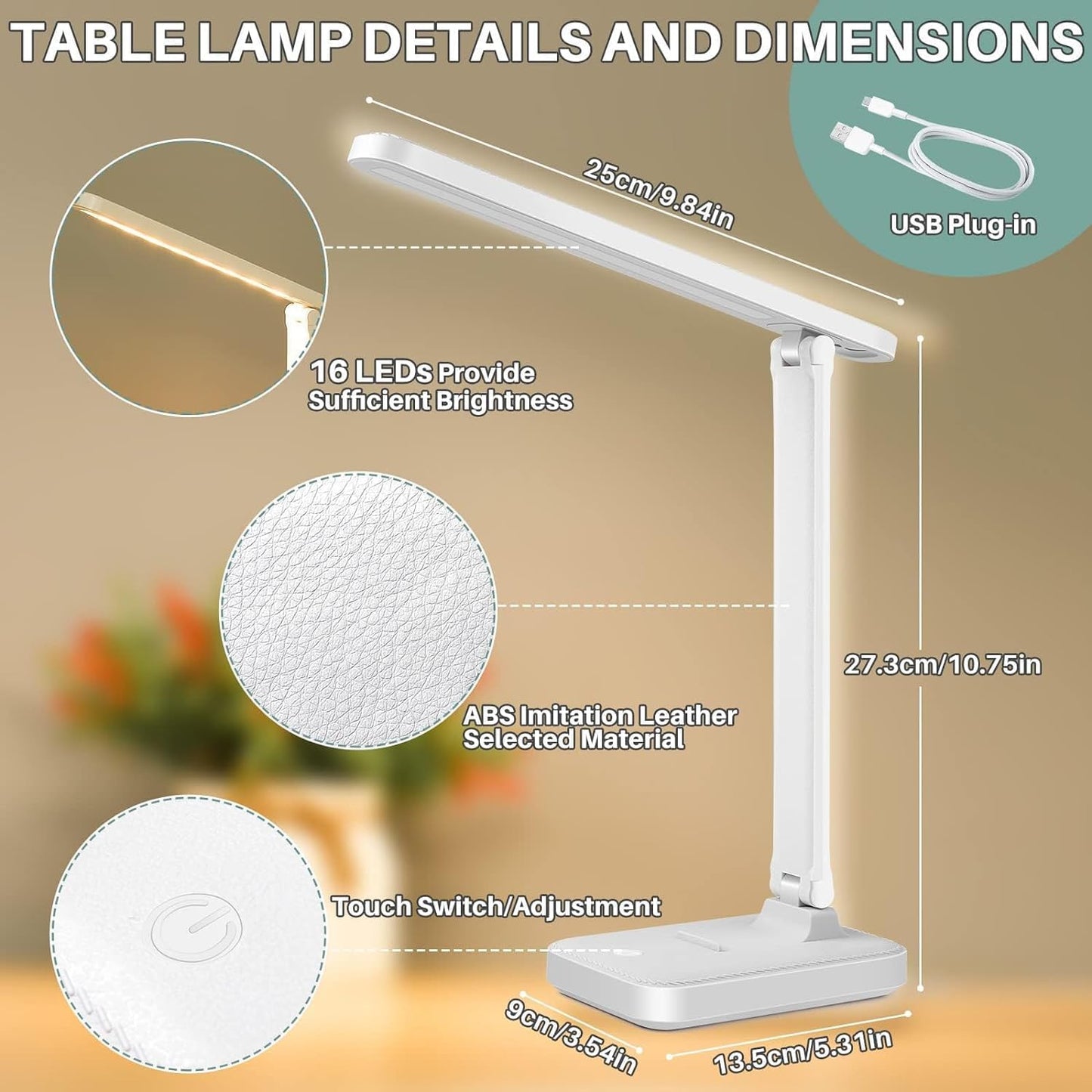 SKY-TOUCH LED Desk Lamp - Reading Lamp with Touch Control, Work from Home Essentials, Foldable Table Lamp with USB Plug 3 mode lighting, Eye Caring Reading Light for Office, Dormitory (White)