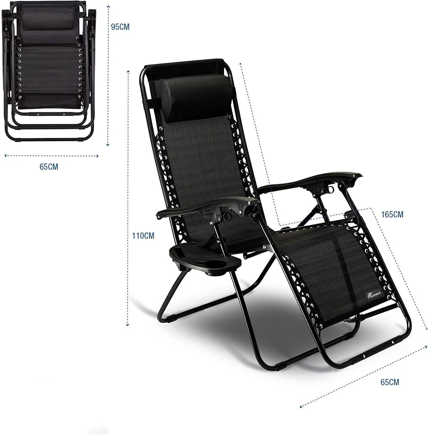 SKY-TOUCH Outdoor Lounges Chair Foldable Camping Chair, Zero Gravity Adjustable Beach Chair and Garden Chair with Pillows Cup Holders for Poolside Backyard and Beach,Black