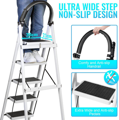 SKY-TOUCH Foldable Ladder 6 Steps, Home Ladder Folding Step Stool with Wide Anti-Slip Pedal, Adults Folding Sturdy Steel Ladder for Home,Kitchen, Garden, Office