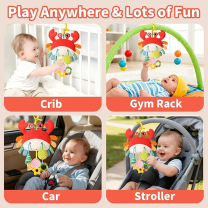 SKY-TOUCH Crab Car Seat Toy for Babies - Multi-Sensory Infant Stroller Toy with Mirror, Bell, Rattles, Crinkle, Teether - Safe, Soft, Fun Activity Toy for 18 months+