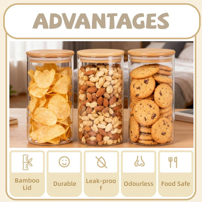 SKY-TOUCH 3PCS Glass Food Storage Jars, Kitchen Storage Glass Canister Set with Airtight Bamboo Lids, Suitable for Flour, Grains, Sugar, Tea, Coffee Beans, and Snacks, 2100ML