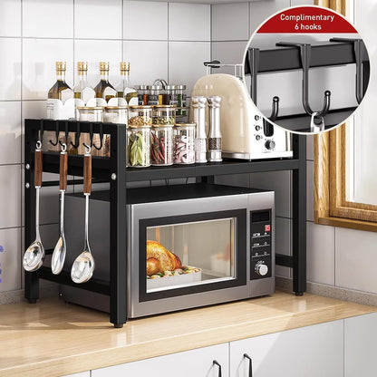 SKY-TOUCH Microwave Oven Rack, Expandable Microwave Stand with 6 Hooks, Kitchen Utensils Tableware Storage for Kitchen Dining Room