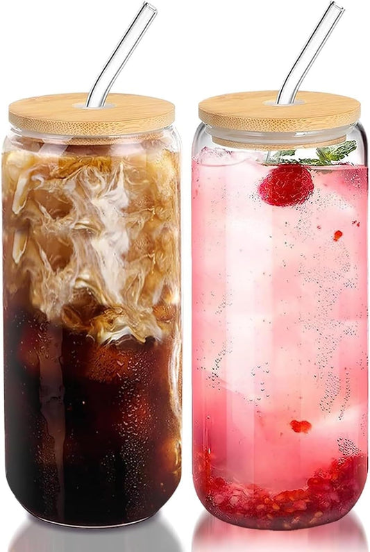 SKY-TOUCH 2 Pcs 550ml Glass Cups with Bamboo Lids and Straws, Clear Iced Coffee Glasses Set, Cute Aesthetic Reusable Drinking Tumblers for Tea, Coffee, Smoothie, Soda