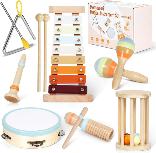 SKY-TOUCH Montessori Wooden Musical Instrument Set, Percussion Baby Xylophone Toy, Children's Birthday Gift, Baby Music Educational Toy, with Storage Bag, Suitable for Children Over 3 Years Old
