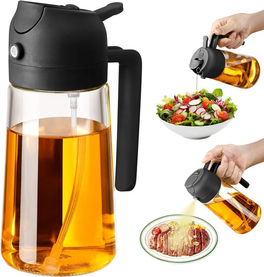 SKY-TOUCH 470ml 2 in 1 Glass Oil Sprayer & Dispenser Bottle, Olive Oil Spray Bottle for Cooking, Air Fryer, Salad, BBQ, Frying, Baking, Grilling, Food Grade, Leak-Proof, Refillable (Black)