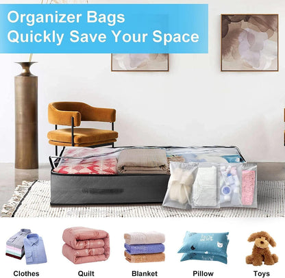 SKY-TOUCH 4PACK Underbed Storage Box, with Zip lock Bags - Under bed Storage Box with PVC Window for Clothes, Duvets, Comforters, Blankets, Bedding, Quilts - 100x50x18cm, Grey 90L