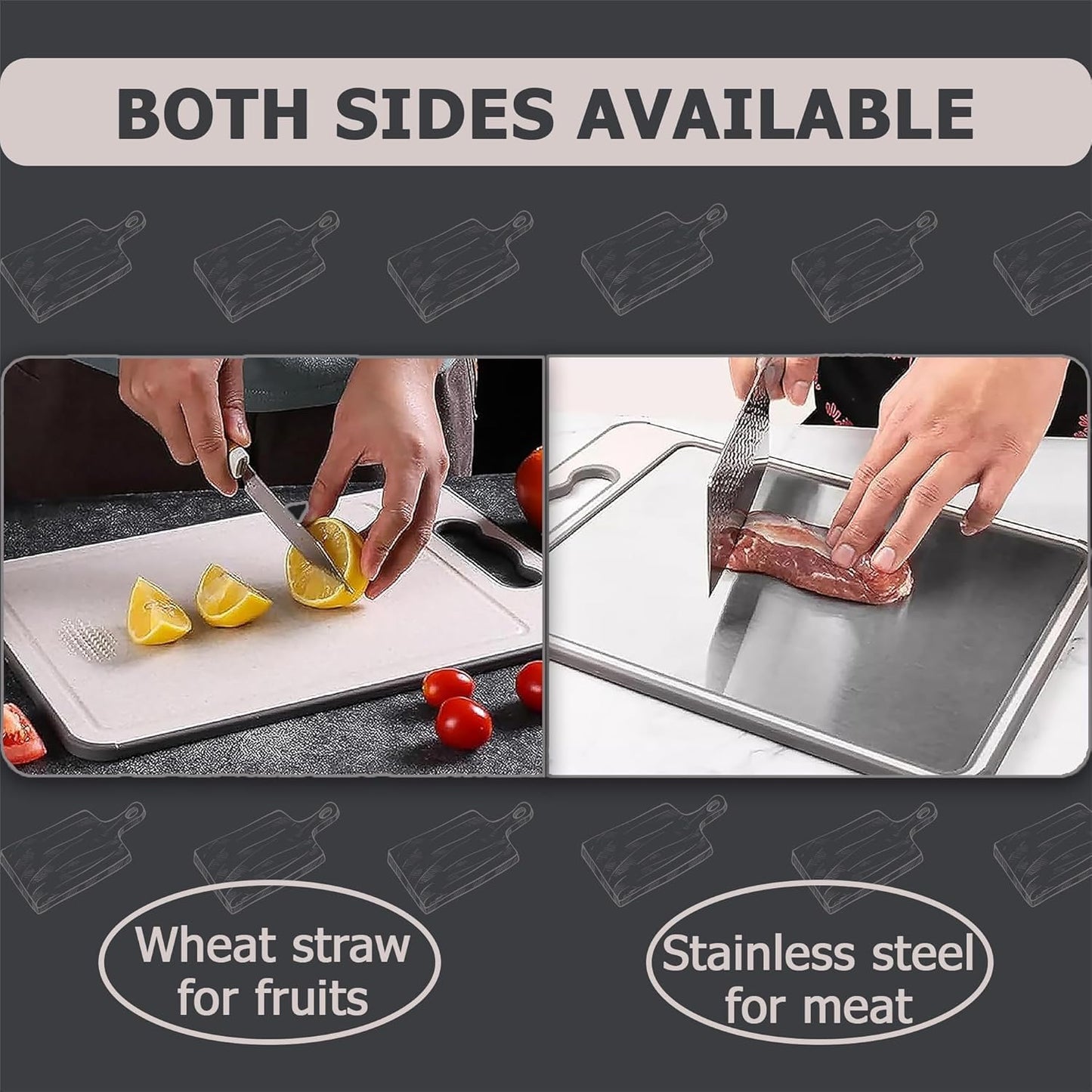 SKY-TOUCH Double Sided Chopping Board, Stainless Steel Food-Grade Chopping Board, Wheat Straw PP Cutting Board, Double-Side Using for Meats Vegetables Fruits,Scratch Resistant, Easy to Clean 35x25cm