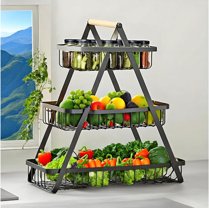 SKY-TOUCH 2-Tier Fruit Basket with Wooden Handle, Detachable Metal Fruit Bowl Holder Vegetable Storage Rack, Countertop Holder for Kitchen, Home, Office - Organize Fruits, Veggies, Snacks, Bread