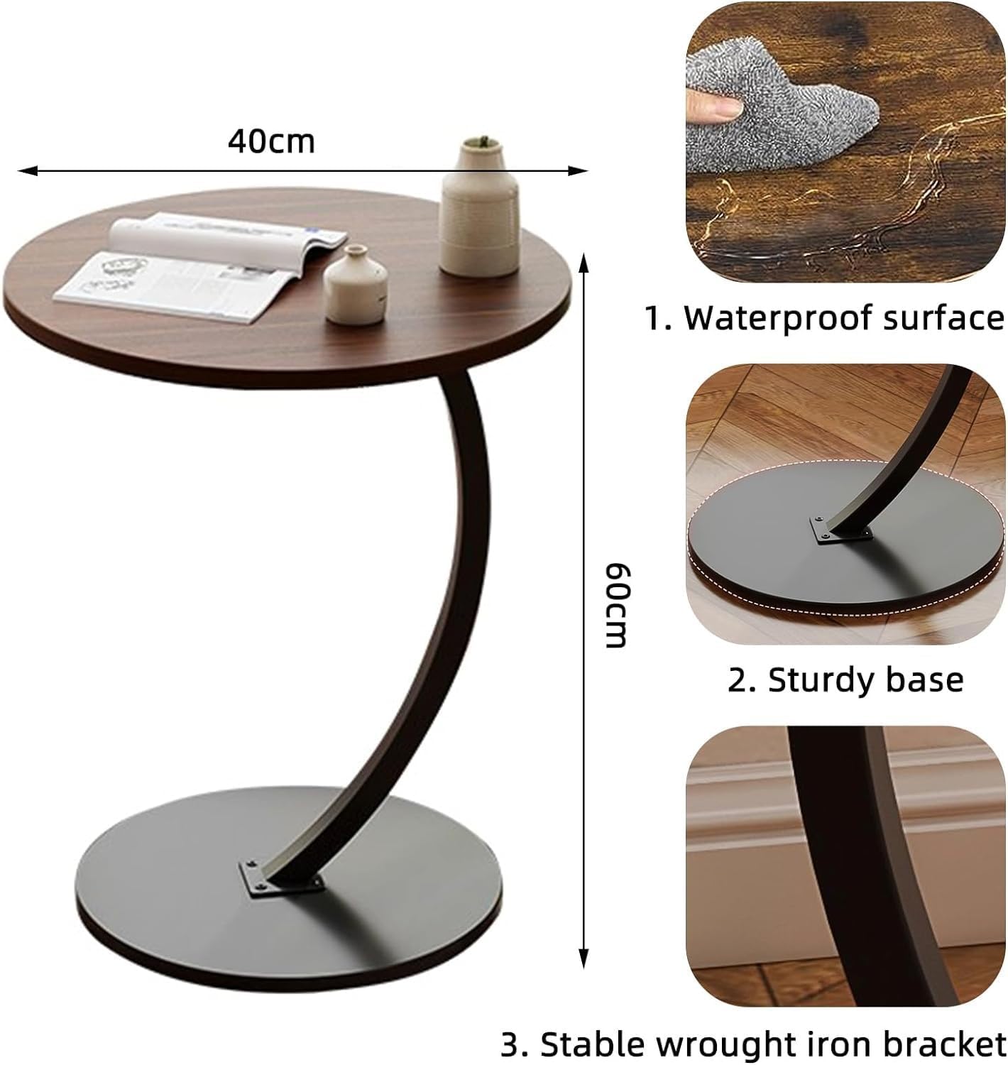 SKY-TOUCH C Shaped End Table : Couch Side Table with Metal Frame Round Wood Tray Table for Living Room Bedroom Bedside Laptop Snack Coffee Walnut&Black