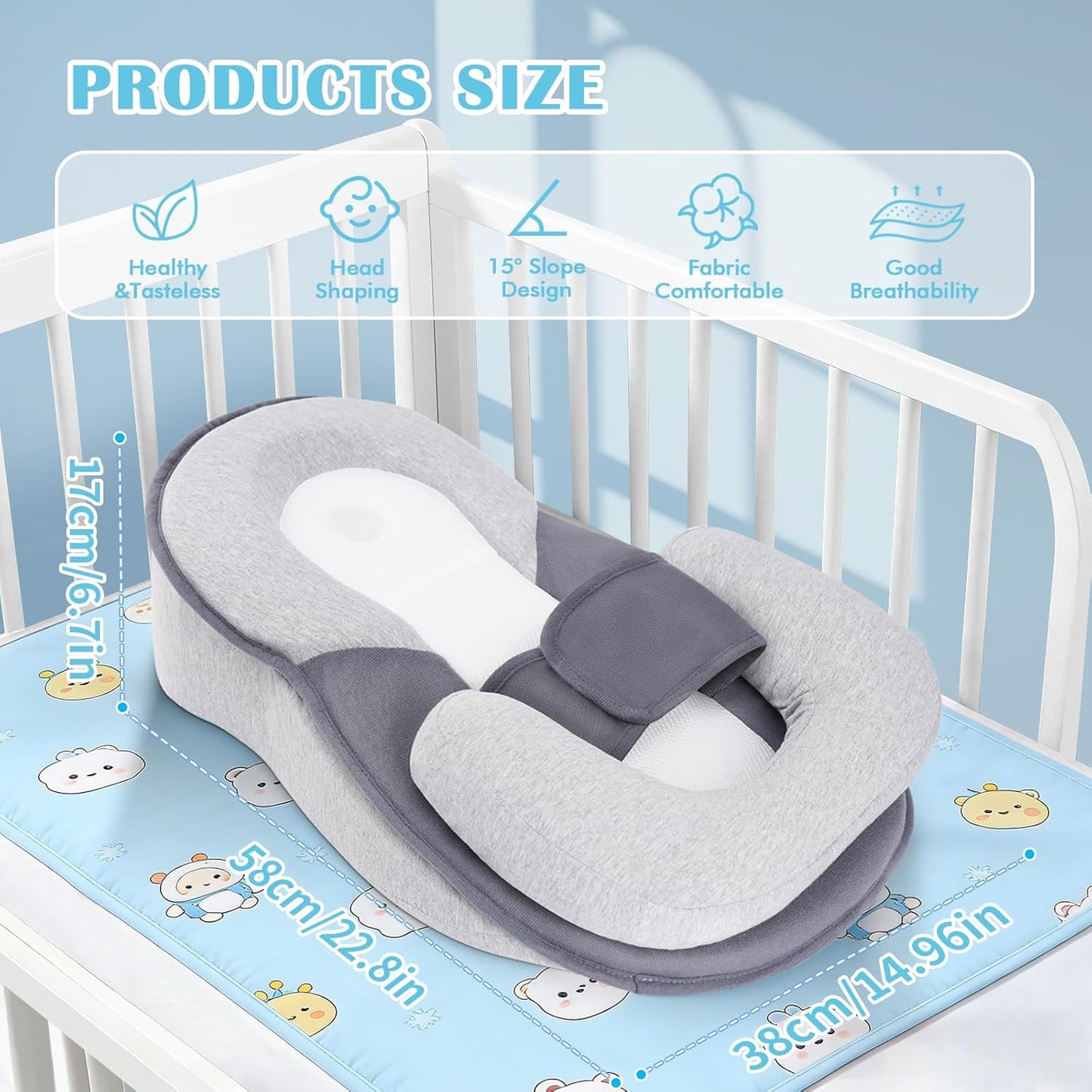 SKY-TOUCH Newborn Feeding Pillow Wedge - 15° Anti-Spit Up & Nursing Support Pillow, Baby Breastfeeding Pillow for Reflux, Soft & Breathable Grey Infant Nursing Cushion