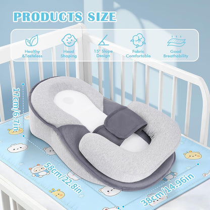 SKY-TOUCH Newborn Feeding Pillow Wedge - 15° Anti-Spit Up & Nursing Support Pillow, Baby Breastfeeding Pillow for Reflux, Soft & Breathable Grey Infant Nursing Cushion