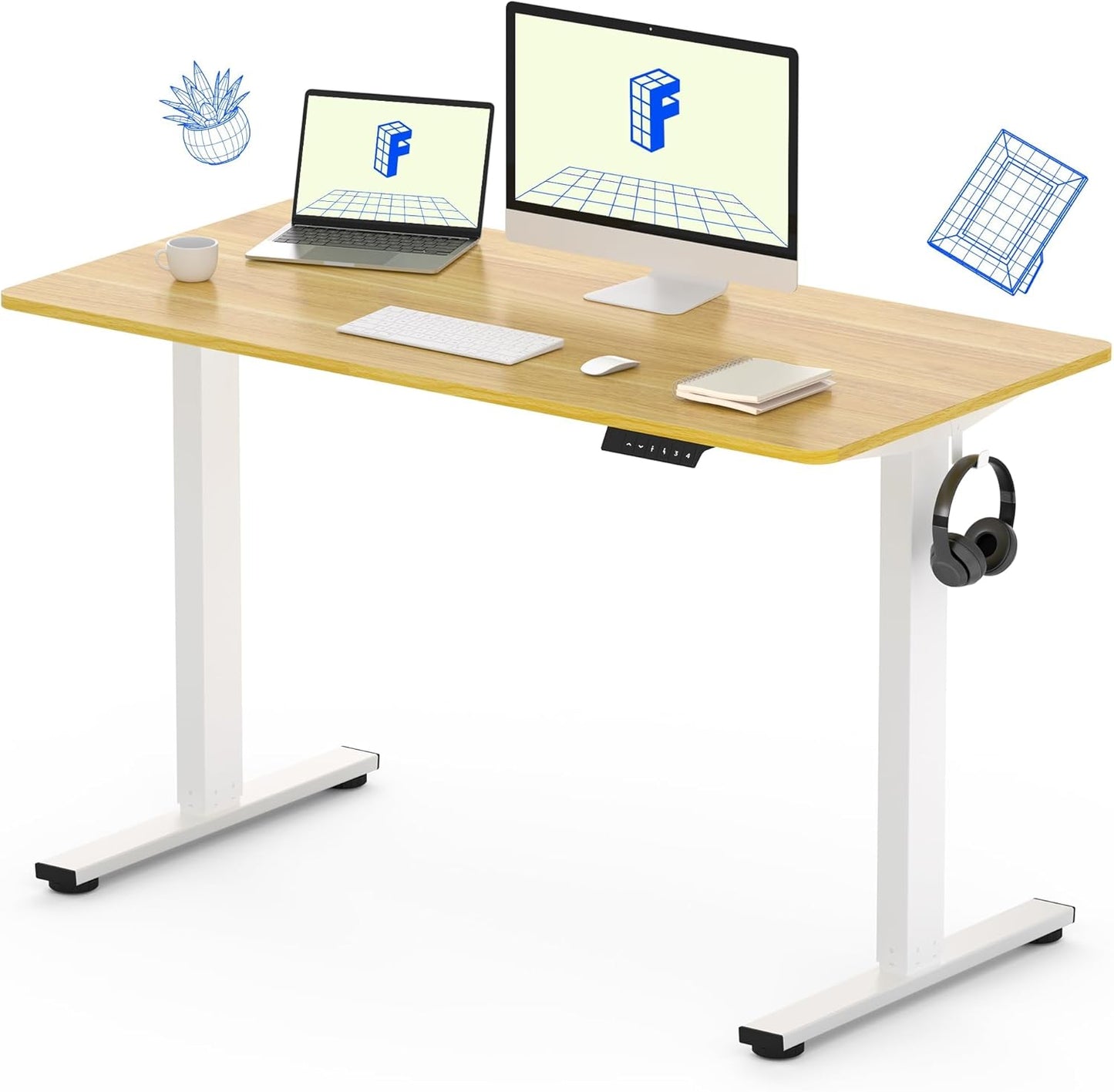 SKY-TOUCH Electric Adjustable Height Standing Desk,Elevating Desk, 120x60cm, Height Memory, Storage Hook, 28.9"-46.5" Elevating range,for Office Stand Up Computer Desk, Beige(top consists of 2 parts)