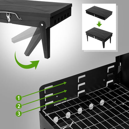SKY-TOUCH Portable Charcoal Grill, Outdoor Foldable BBQ Grill with Barbecue Accessories & Lid for Cooking Camping Picnic Hiking Beach Party Patio Smokers, Black, 43x26x46cm