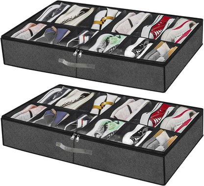 SKY-TOUCH UnderBed Shoe Storage Organiser Set of 2, Foldable UnderBed Shoe Organiser with Handles, Clear Foldable Shoes Containers Adjustable 24 Dividers with Bottom Support, 75x60x15cm