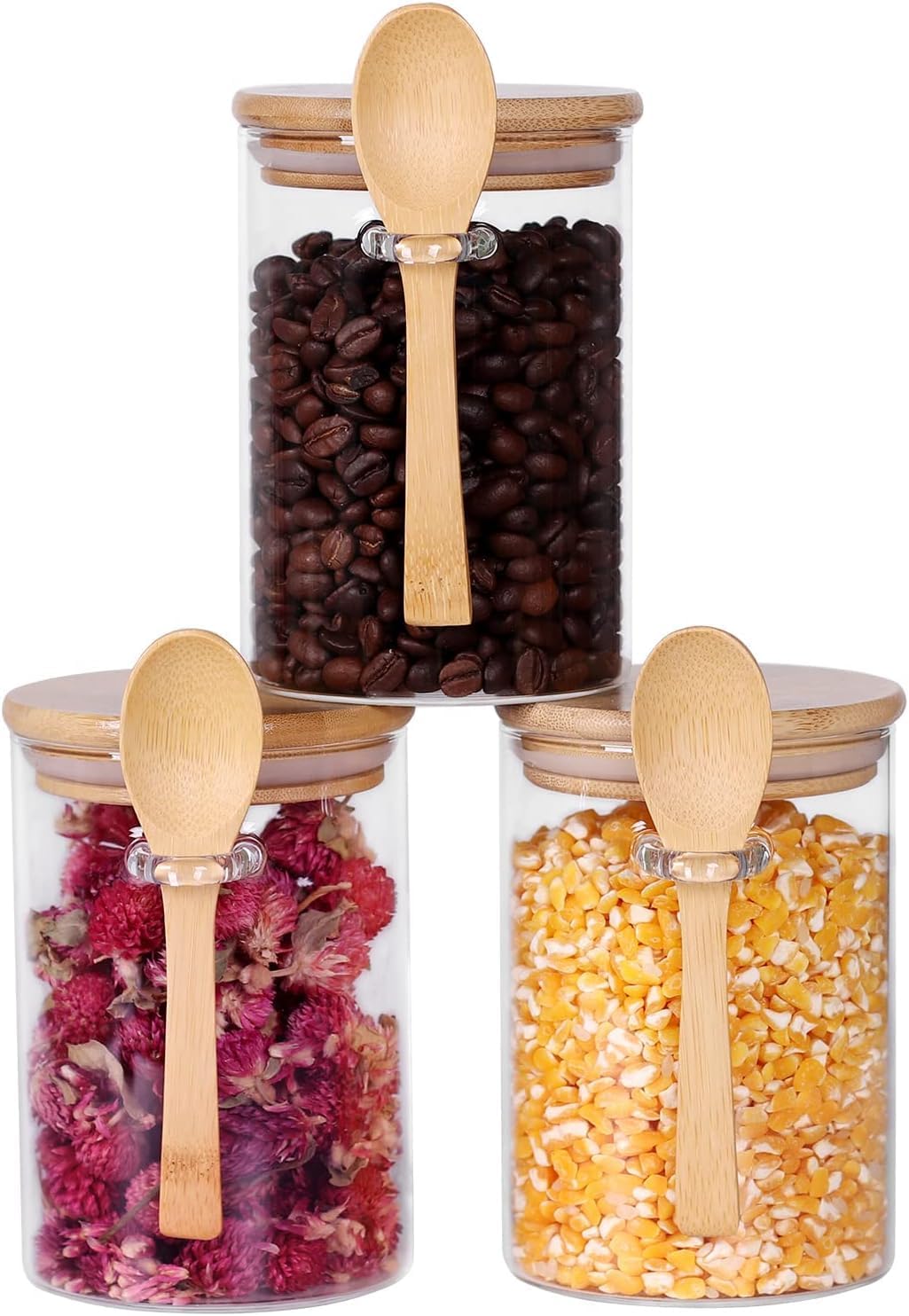 SKY-TOUCH 3Pcs Glass Jars with Bamboo Lids & Spoons : 550ml Airtight Glass Spice Jars Clear Sugar Container Food Storage Containers for Coffee Beans Spice Sugar Tea Nuts Candy Salts