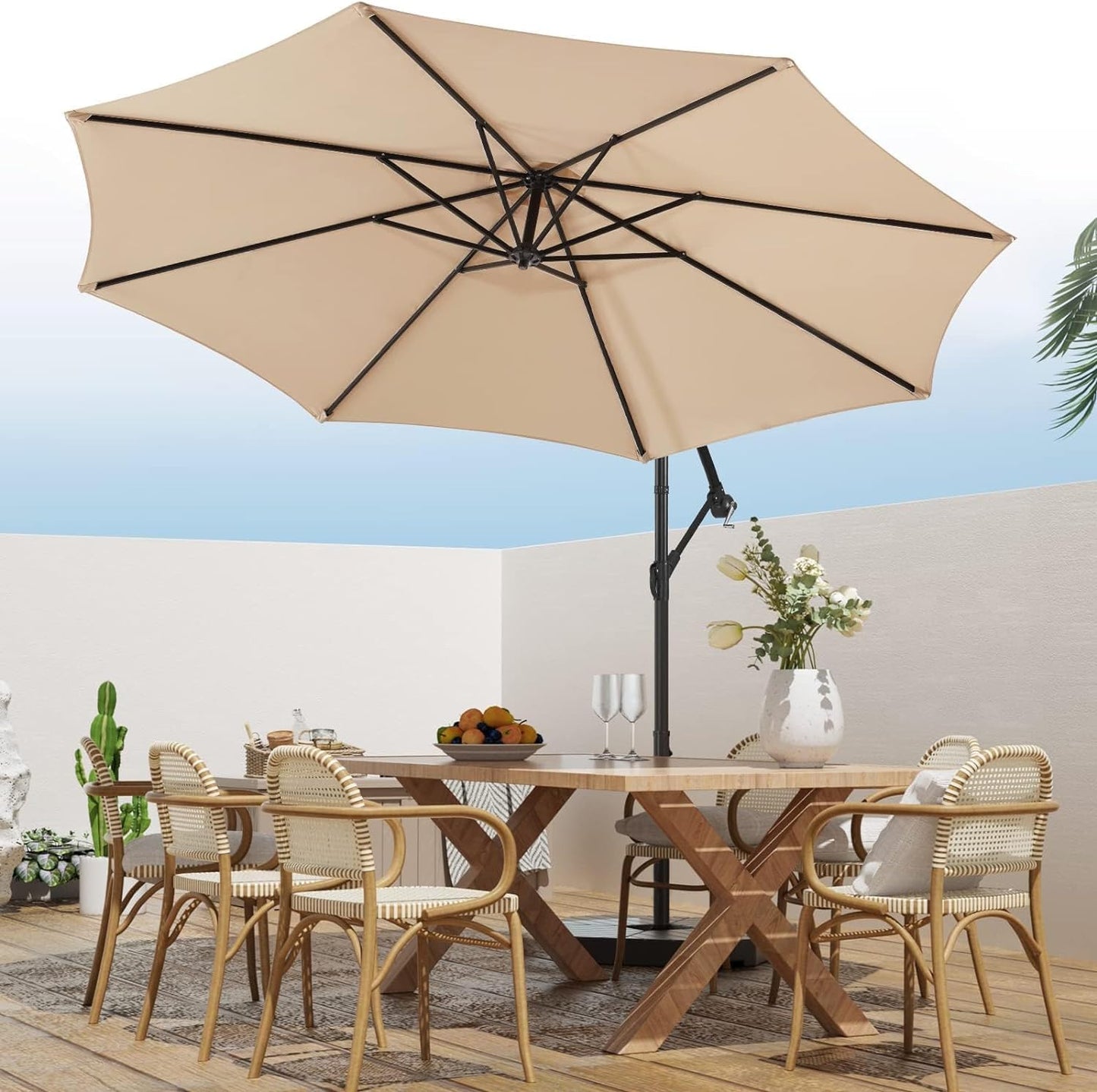 SKY-TOUCH 3M Patio Umbrella: 8 Ribs Offset Hanging Sun Shade Umbrella with Adjustable Height and Tilt Angle Fade Resistant Recycled Fabric Canopy for Yard Garden (Cross Base with Water Tank, Beige)