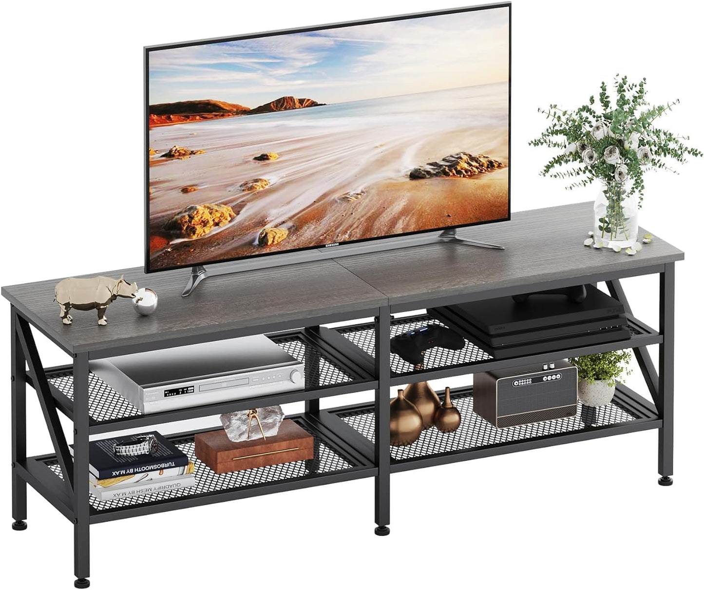 SKY-TOUCH TV Stand : Modern TV Table Wide TV Entertainment Center with Storage Shelves Sturdy Wooden TV Console Table with Metal Frame for Living Room (160 * 40 * 50CM Grey Oak)