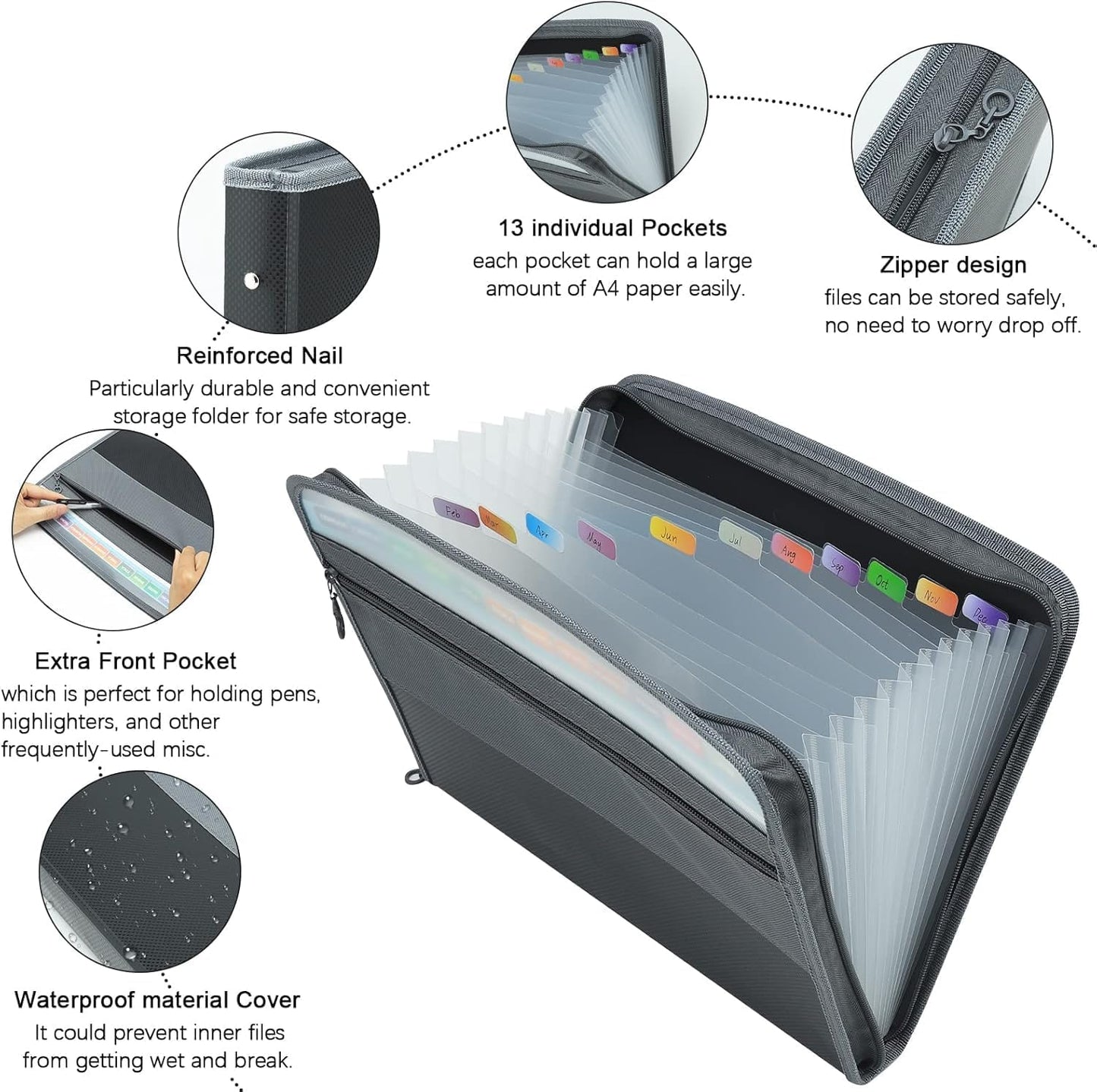 SKY-TOUCH Accordion File Folder with 13 Pockets & Double Zippers – Black 12-Layer Expanding Document Organizer for Students, Teachers, A4 Paper, School & Office Use