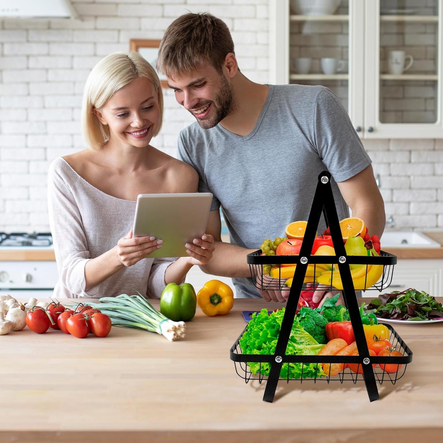 SKY-TOUCH 2-Tier Fruit Basket with Wooden Handle, Detachable Metal Fruit Bowl Holder Vegetable Storage Rack, Countertop Holder for Kitchen, Home, Office - Organize Fruits, Veggies, Snacks, Bread