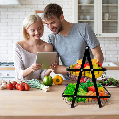 SKY-TOUCH 2-Tier Fruit Basket with Wooden Handle, Detachable Metal Fruit Bowl Holder Vegetable Storage Rack, Countertop Holder for Kitchen, Home, Office - Organize Fruits, Veggies, Snacks, Bread
