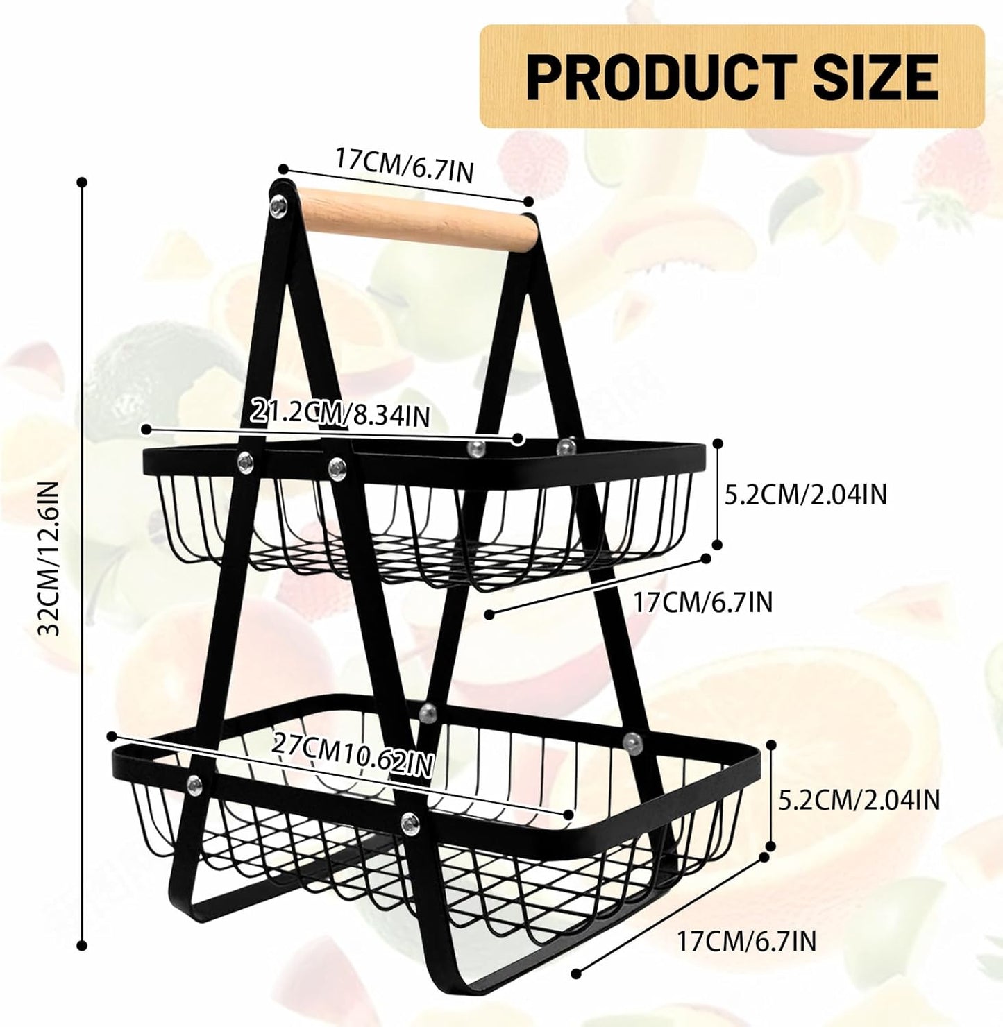 SKY-TOUCH 2-Tier Fruit Basket with Wooden Handle, Detachable Metal Fruit Bowl Holder Vegetable Storage Rack, Countertop Holder for Kitchen, Home, Office - Organize Fruits, Veggies, Snacks, Bread