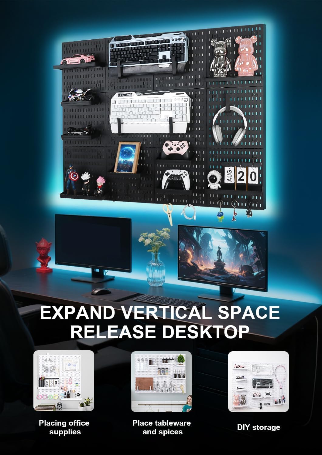 SKY-TOUCH Modular Pegboard Wall Organizer Kit - 2 Pegboards, 10 Accessories, No Drill Installation, Space-Saving Storage & Display for Kitchen, Office, Bathroom (Black)
