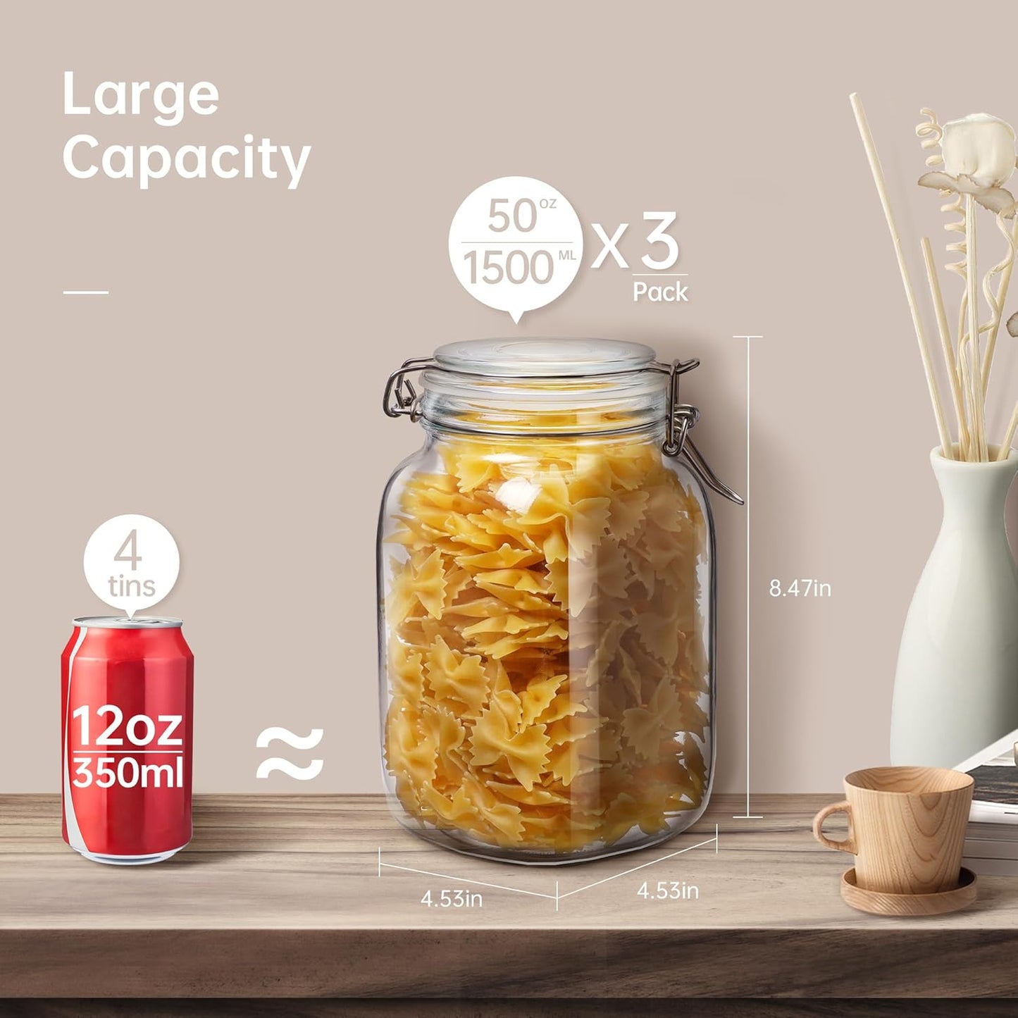 SKY-TOUCH Square Glass Jars with Airtight Lid, Wide Mouth Mason Jars with Clamp Lids,Glass Sealed Jars with Air Tight Lids, Best for for Flour, Cereal, Beans, Pasta and Canning