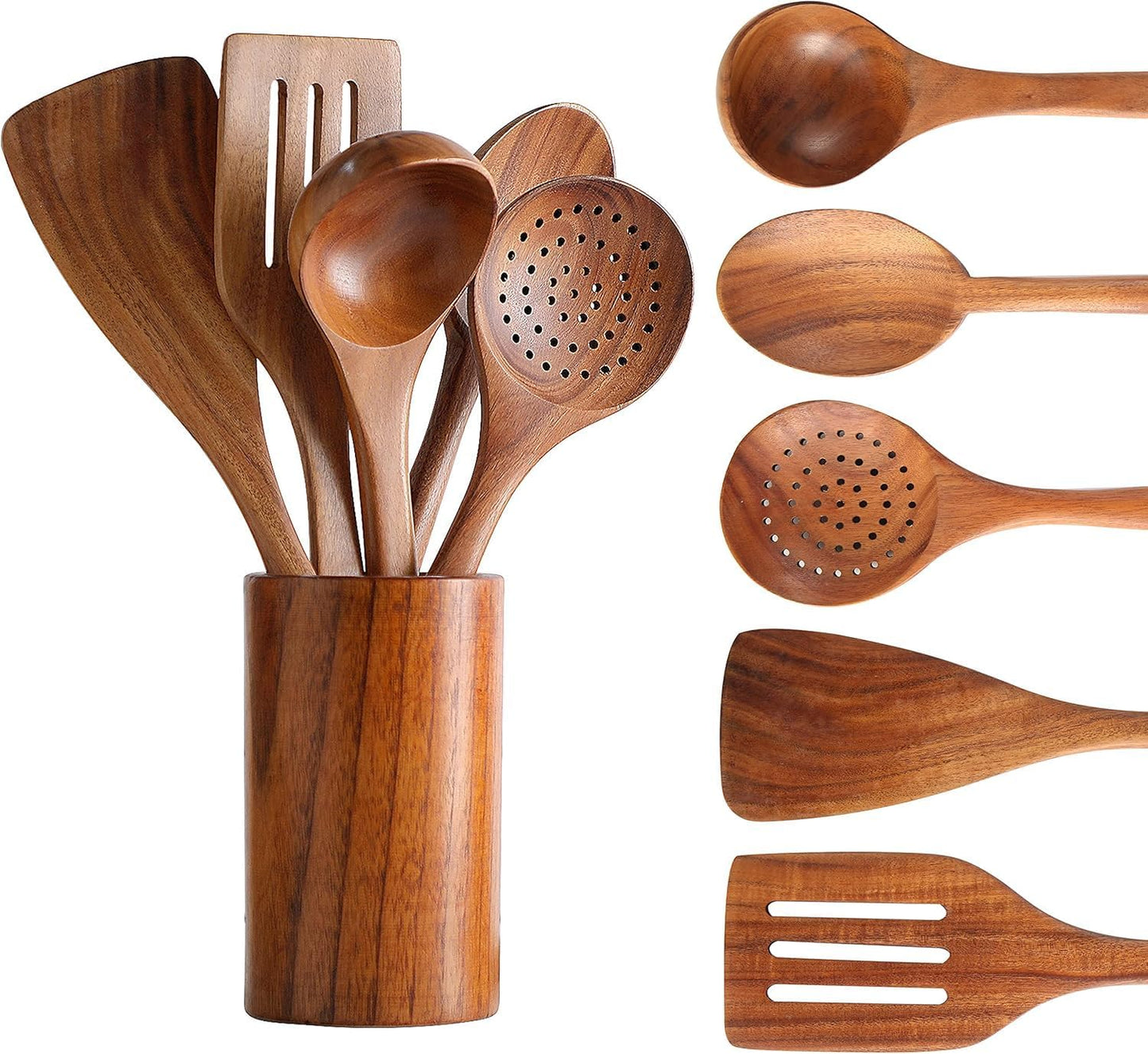 SKY-TOUCH Wooden Kitchen Utensils Set, 6 Pcs Wooden Utensils for Cooking Utensils Set with Utensil Holder, Spoons, Ladles, Strainer Spoon, Salad Fork, Suitable For Various Cooking Needs