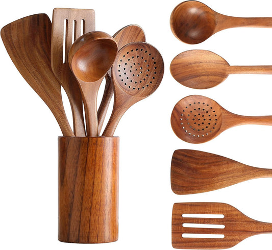 SKY-TOUCH Wooden Kitchen Utensils Set, 6 Pcs Wooden Utensils for Cooking Utensils Set with Utensil Holder, Spoons, Ladles, Strainer Spoon, Salad Fork, Suitable For Various Cooking Needs