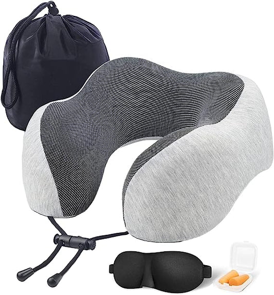 100pcs Travel Pillow Set, 100% Pure Memory Foam Neck Pillow, U Shape Head Pillow Airplane Travel Kit with 3D Contoured Eye Masks, Earplugs and Storage Bag (Grey)