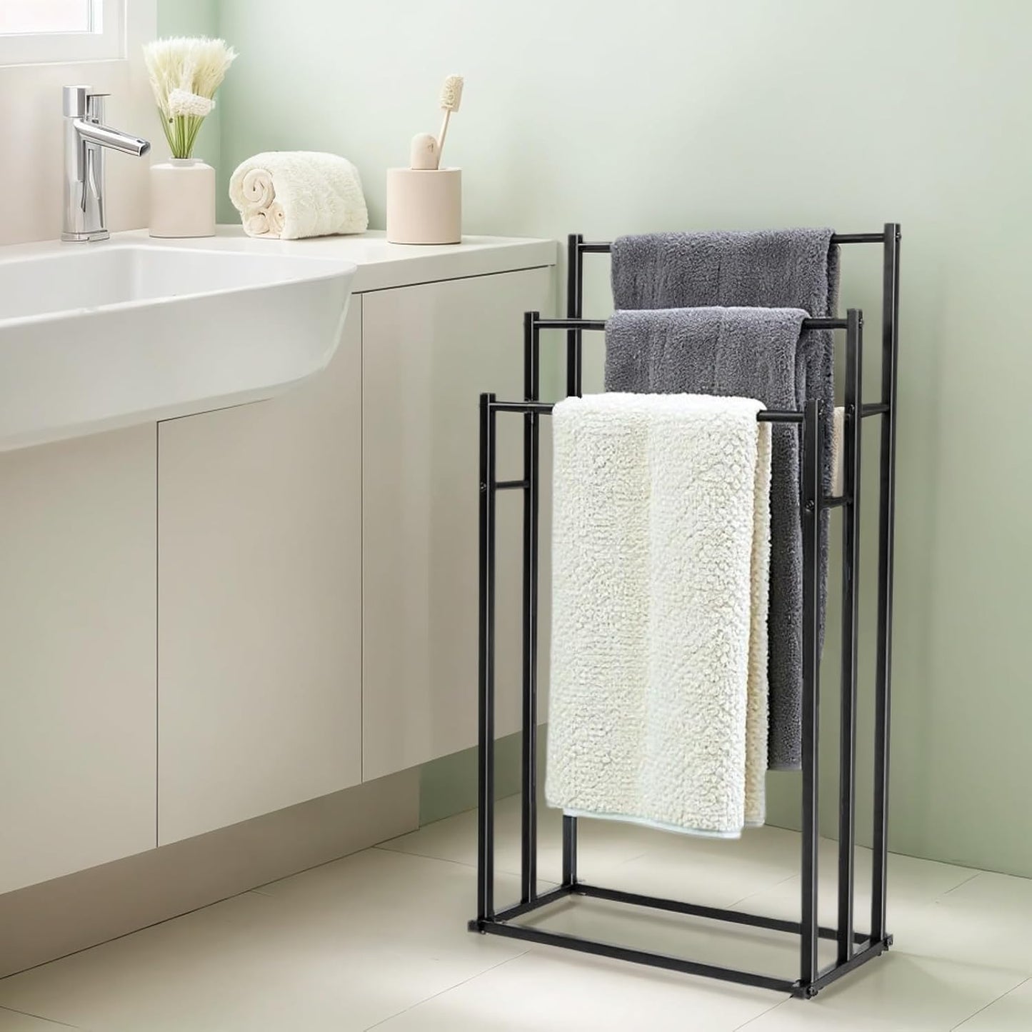 SKY-TOUCH 3 Tiers Metal Towel Rack : Freestanding Floor Towel Rack Stand Washcloths Drying Storage Display Rack for Bathroom Tub Shower Poolside (86 * 44 * 21cm Black)